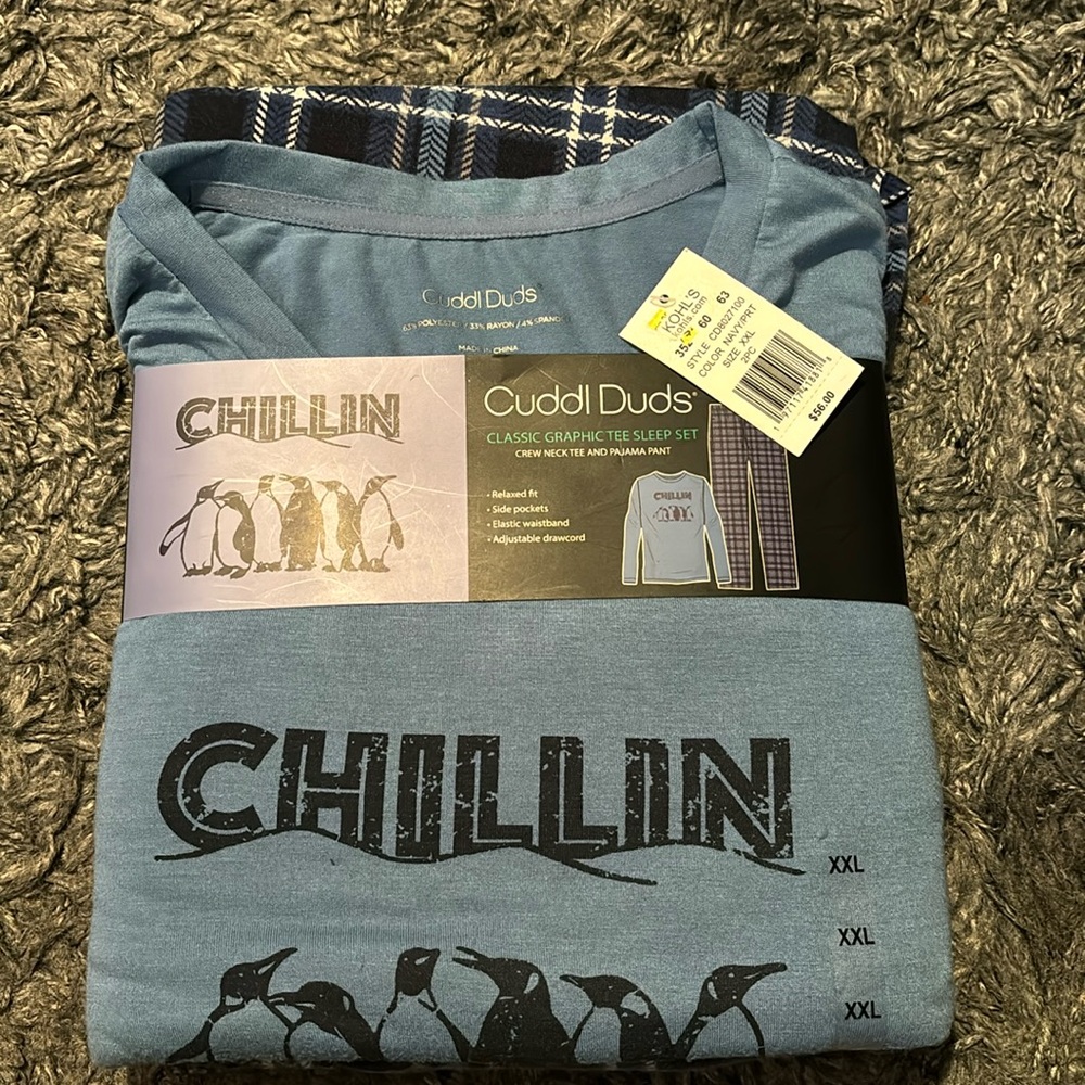 Cuddl Duds Classic Graphic Tee Sleep Set Chillin Penguin relaxed fit pockets NWT